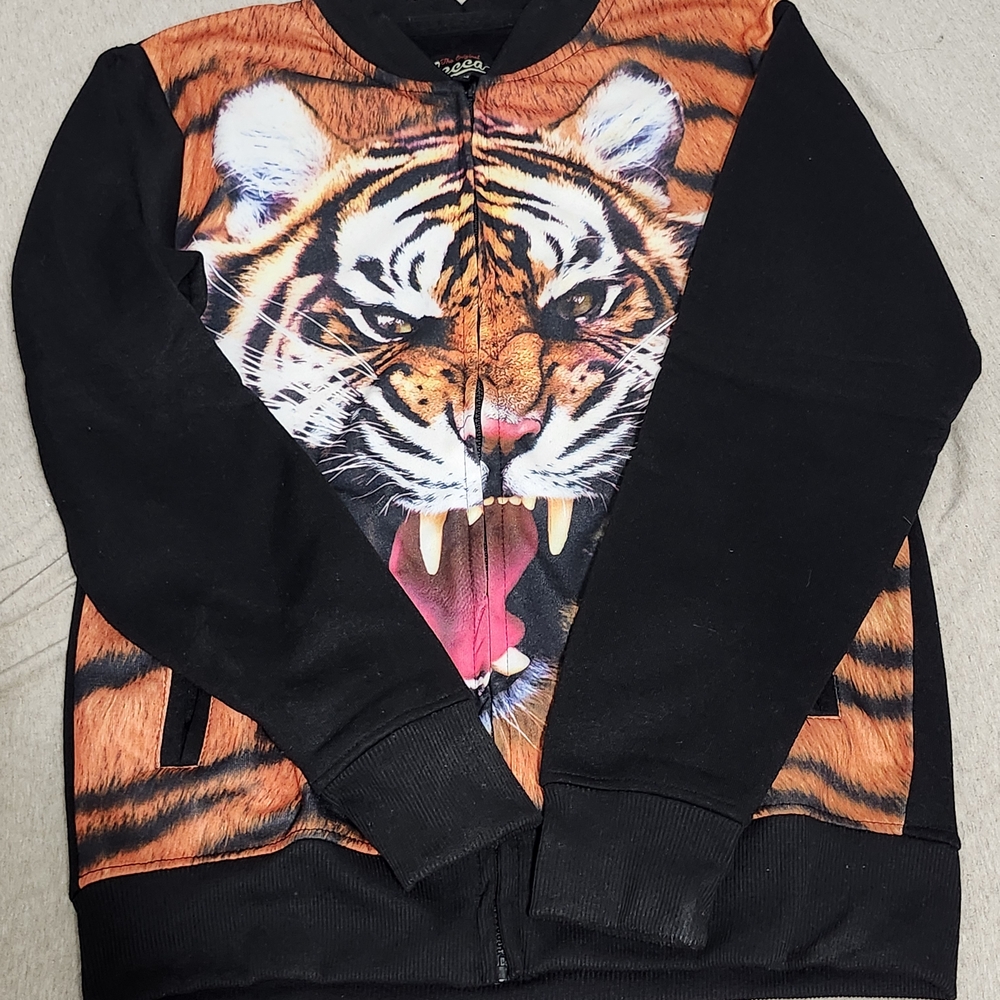 Mecca Black and Orange Tiger Zip-Up Sweater